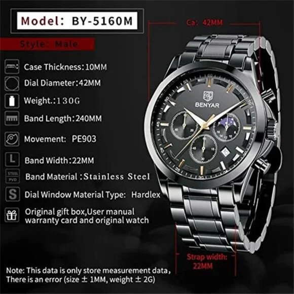 Mens Watches Multifunction Chronograph Date Quartz Watch for Men Black
